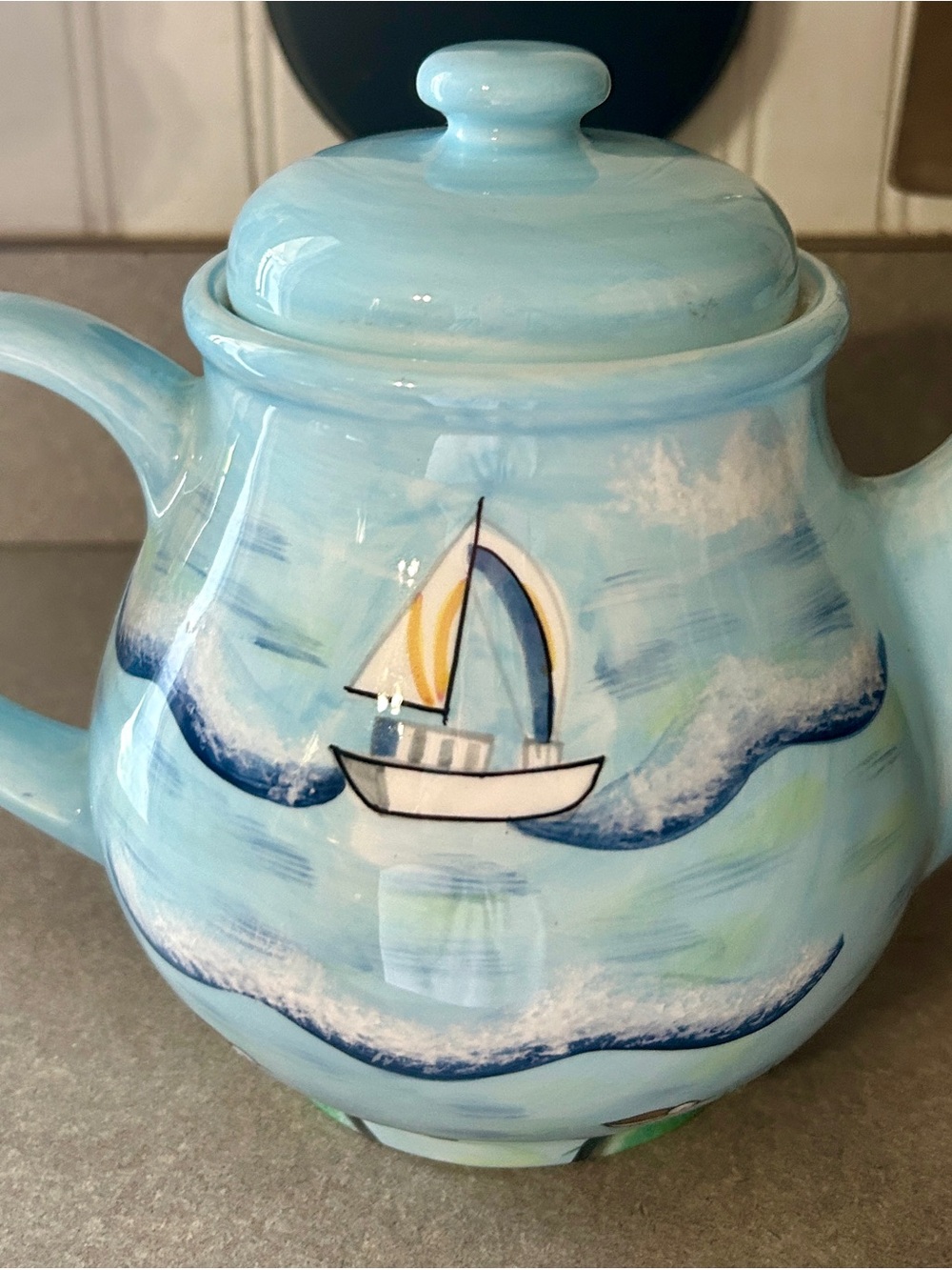 Hand-Painted Light Blue Ceramic Teapot with beach motif